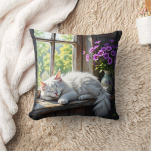 Napping White Cat and Purple Flowers Throw Pillow