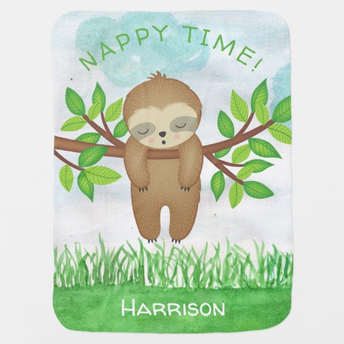 Nappy Time Quote Cute Sleepy Sloth Trendy Baby Blanket