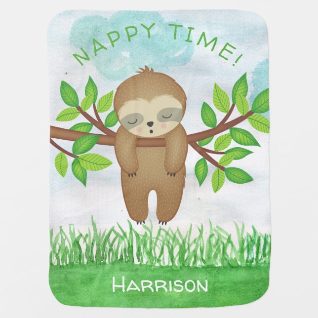 Nappy Time Quote Cute Sleepy Sloth Trendy Baby Blanket (Front)