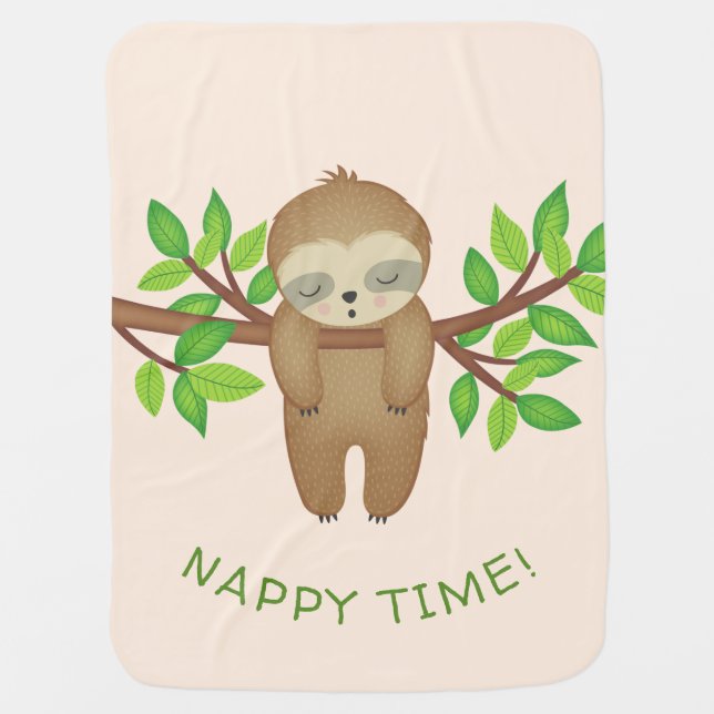Nappy Time Quote Cute Sleepy Sloth Trendy Baby Blanket (Front)