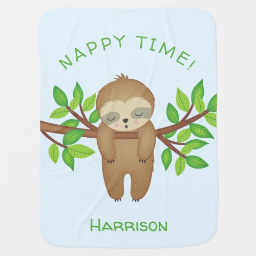 Nappy Time Quote Trendy Cute Sleepy Sloth Blue Baby Blanket