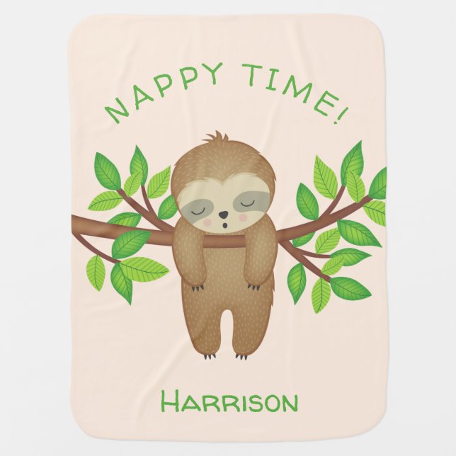 Nappy Time Quote Trendy Cute Sleepy Sloth Cream Baby Blanket (Front)