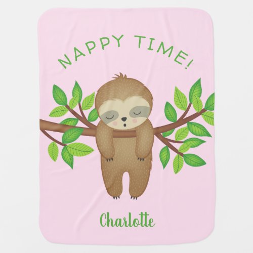 Nappy Time Quote Trendy Cute Sleepy Sloth Pink Baby Blanket