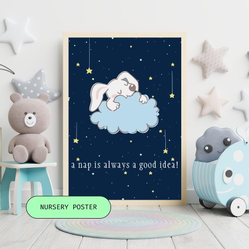 Naptime _ Cute Bunny on a Cloud Nursery Poster