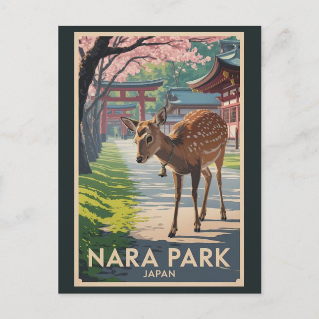 Nara Park Japan Deer Illustration Travel Art Retro Postcard (Front)