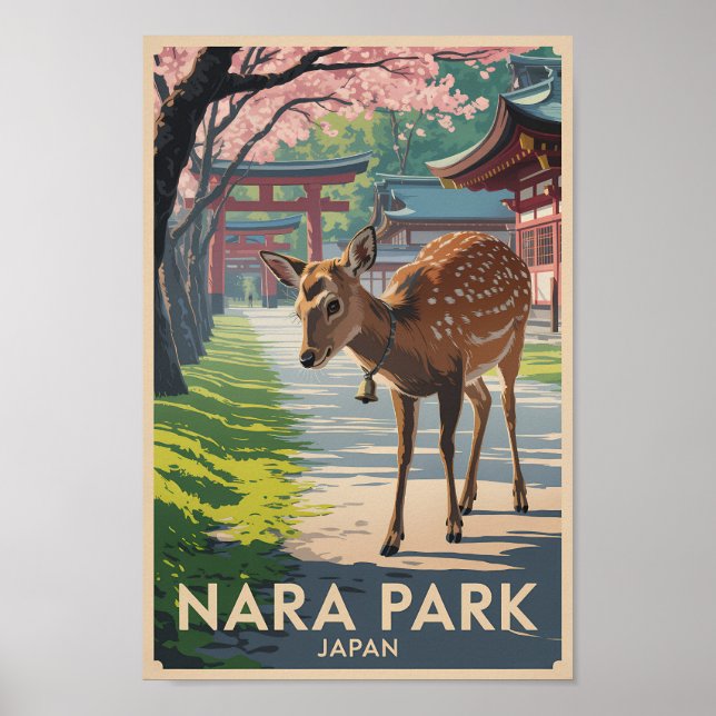 Nara Park Japan Deer Illustration Travel Art Retro Poster (Front)