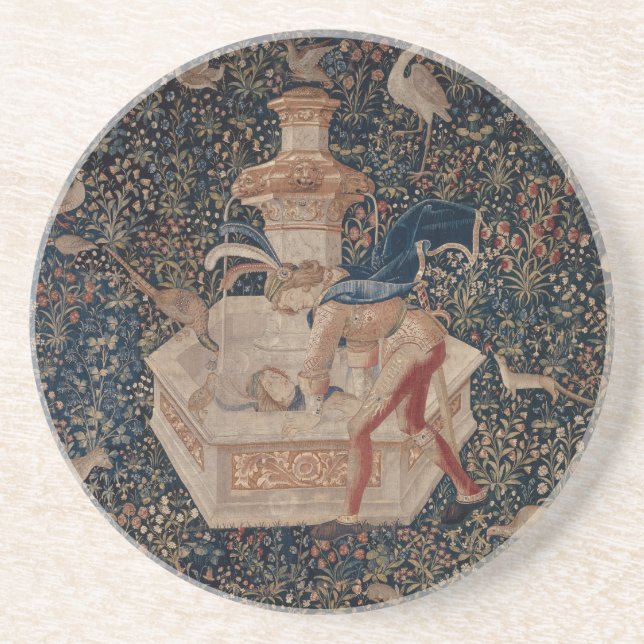 Narcissus at the Well, Medieval Tapestry Coaster (Front)