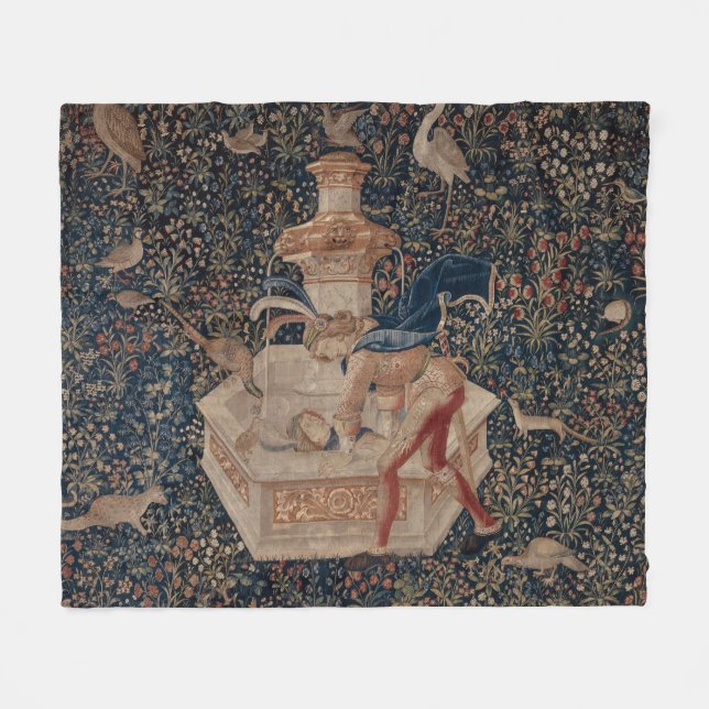 Narcissus at the Well, Medieval Tapestry Fleece Blanket (Front (Horizontal))