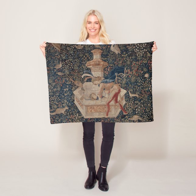 Narcissus at the Well, Medieval Tapestry Fleece Blanket (In Situ)