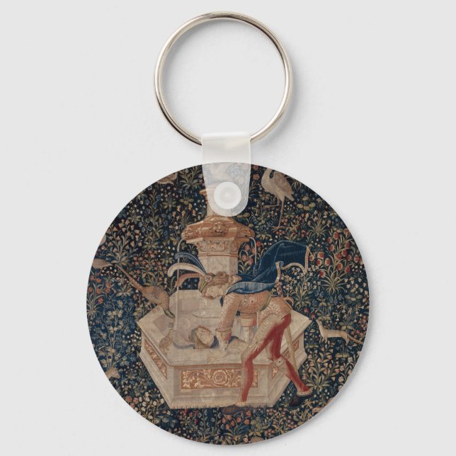 Narcissus at the Well, Medieval Tapestry Keychain (Front)