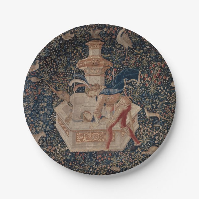 Narcissus at the Well, Medieval Tapestry Paper Plates (Front)