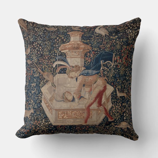 Narcissus at the Well, Medieval Tapestry Throw Pillow (Front)