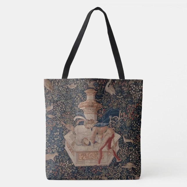 Narcissus at the Well, Medieval Tapestry Tote Bag (Front)