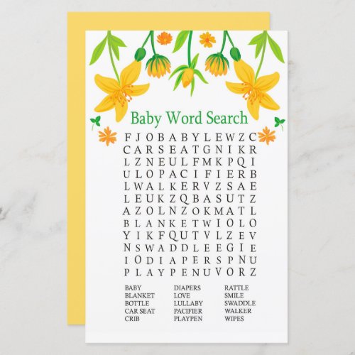 Narcissus Baby Shower Word Search Game