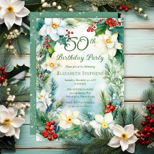 Narcissus Holly Floral 50th Birthday Party Invitation