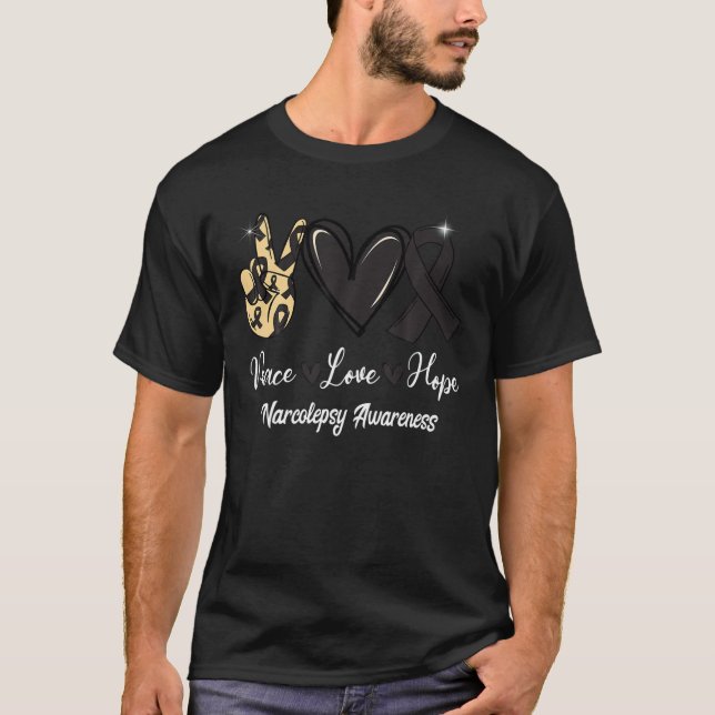 Narcolepsy Awareness Peace Love Hope Black Ribbon T-Shirt (Front)