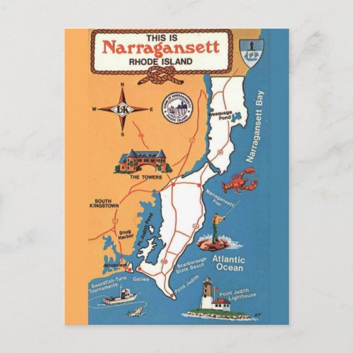 Narragansett Rhode Island Map Postcard