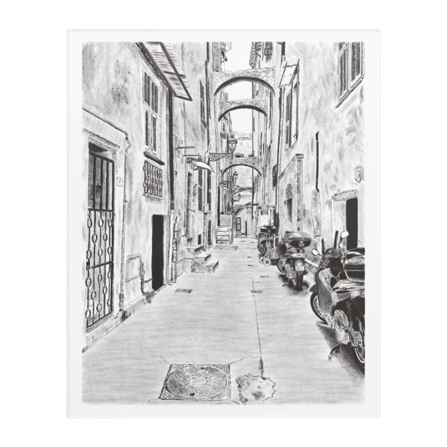 Narrow Italian street - Pencil - Black&White Acrylic Print (Front)