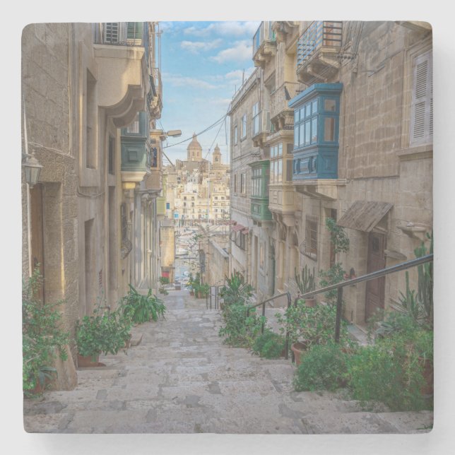 Narrow stone street in Malta Canvas Print Coaster (Front)