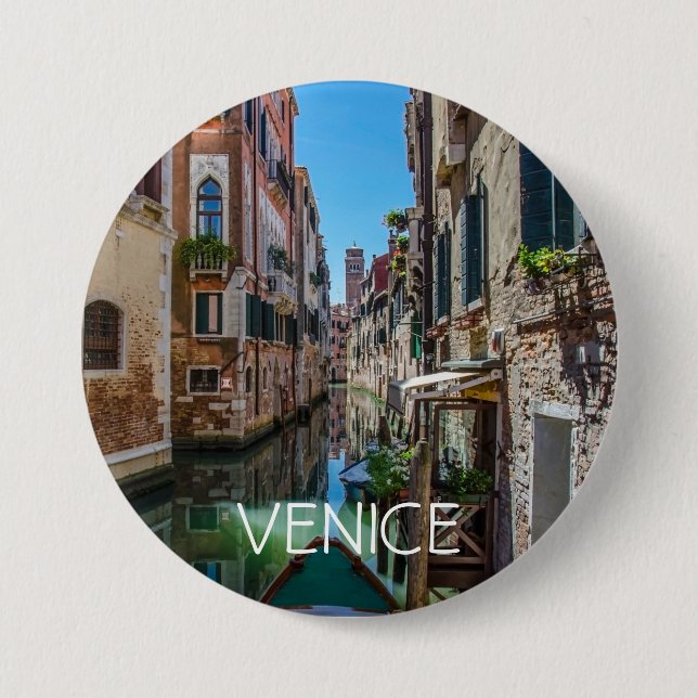 Narrow street with canal in Venice Button (Front)