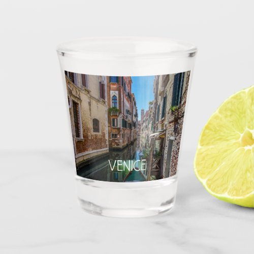 Narrow street with canal in Venice Shot Glass