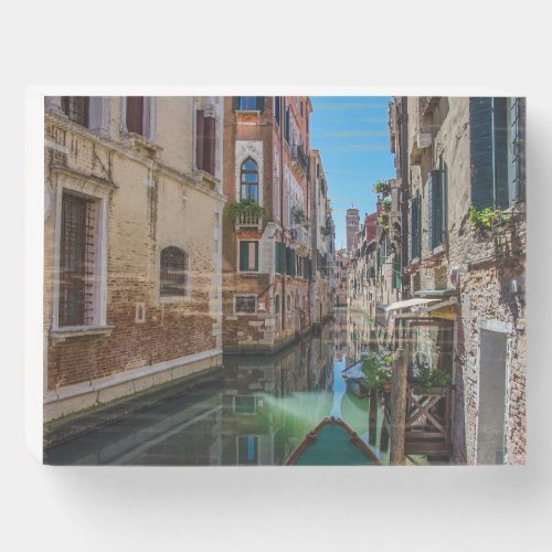 Narrow street with canal in Venice Wooden Box Sign