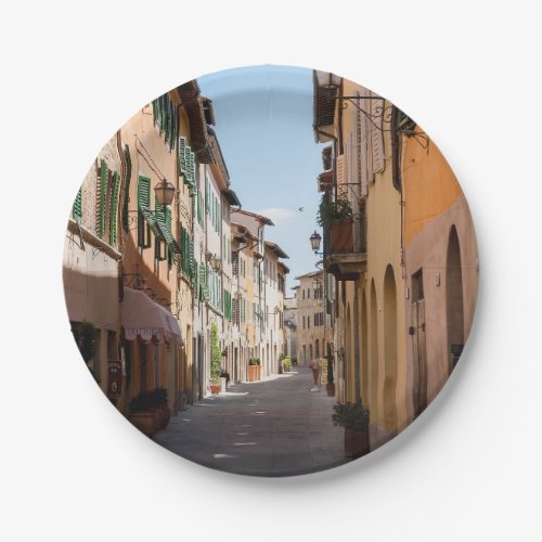 Narrow street with old facades in tuscany village paper plates