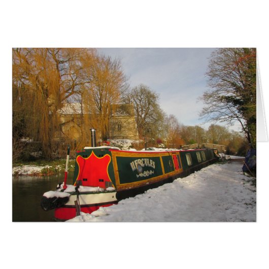 Narrowboat and Church in the snow. (Front Horizontal)