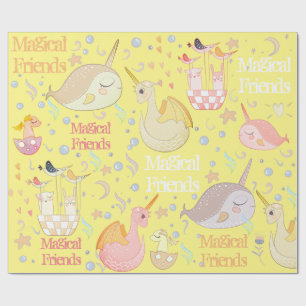 Narwhal and Dragon Friends Yellow Personalized Wrapping Paper