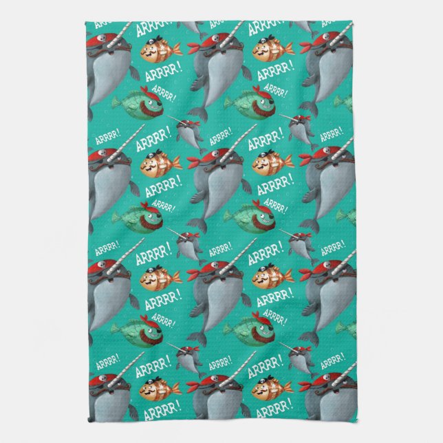 Narwhal and Fish Pirate Pattern Towel (Vertical)