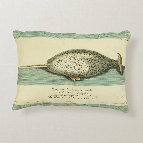 Narwhal Antique Whale Watercolor Painting Accent Pillow