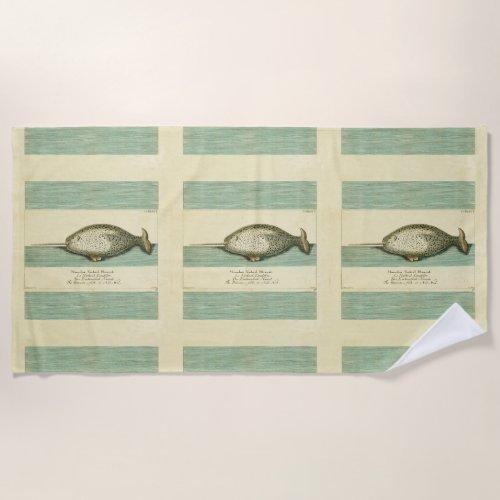 Narwhal Antique Whale Watercolor Painting Beach Towel