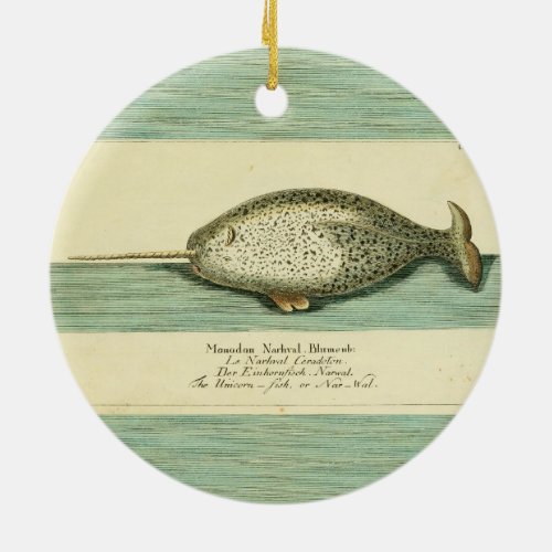 Narwhal Antique Whale Watercolor Painting Ceramic Ornament