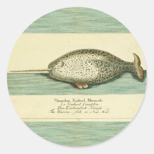 Narwhal Antique Whale Watercolor Painting Classic Round Sticker