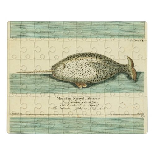 Narwhal Antique Whale Watercolor Painting Jigsaw Puzzle