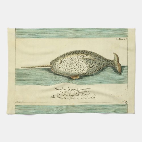 Narwhal Antique Whale Watercolor Painting Kitchen Towel