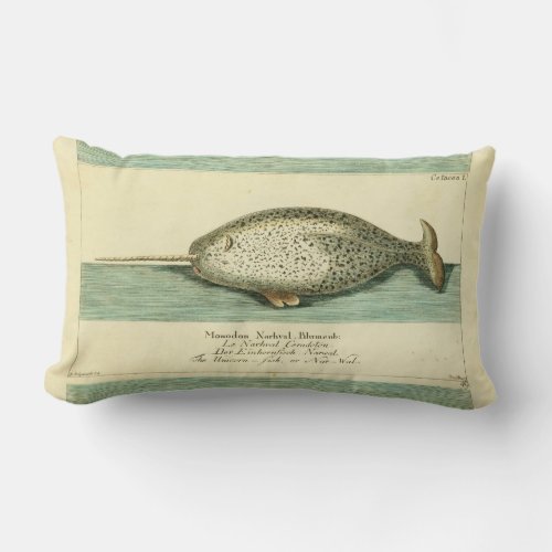 Narwhal Antique Whale Watercolor Painting Lumbar Pillow
