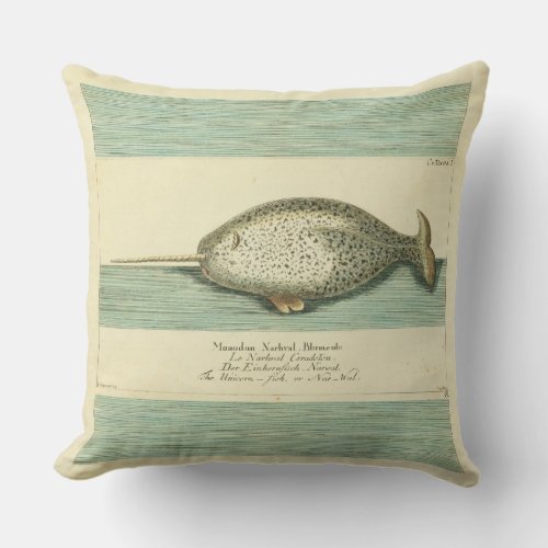 Narwhal Antique Whale Watercolor Painting Outdoor Pillow