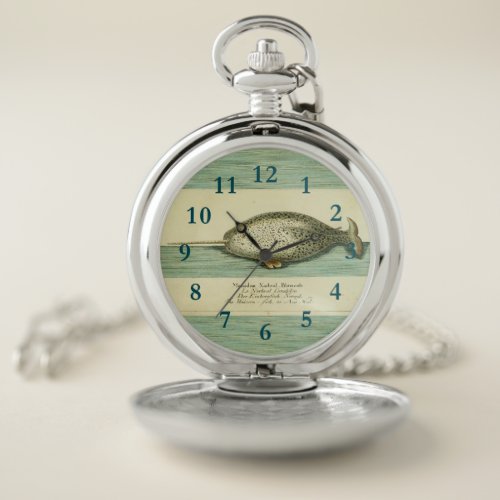 Narwhal Antique Whale Watercolor Painting Pocket Watch