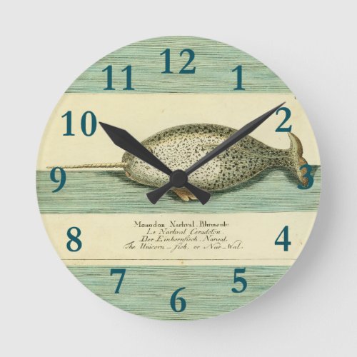 Narwhal Antique Whale Watercolor Painting Round Clock