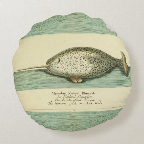 Narwhal Antique Whale Watercolor Painting Round Pillow