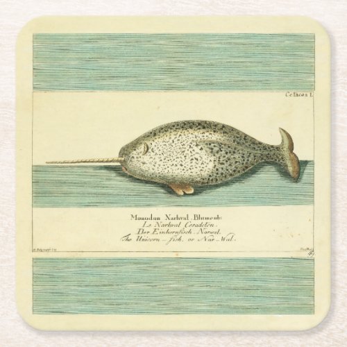 Narwhal Antique Whale Watercolor Painting Square Paper Coaster