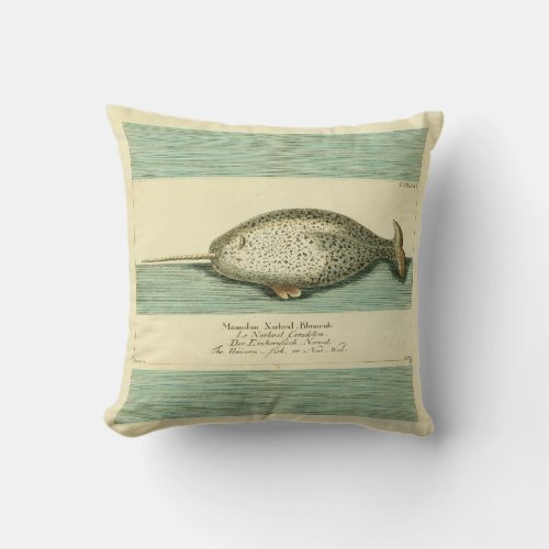 Narwhal Antique Whale Watercolor Painting Throw Pillow