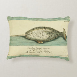 Narwhal Antique Whale Watercolor Scientific Art Accent Pillow