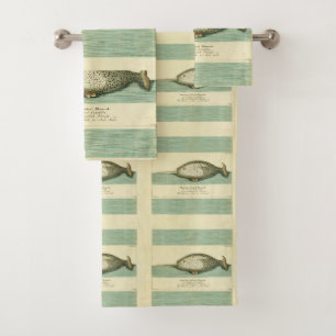 Narwhal Antique Whale Watercolor Scientific Art Bath Towel Set