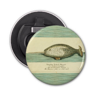 Narwhal Antique Whale Watercolor Scientific Art Bottle Opener