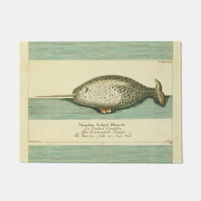 Narwhal Antique Whale Watercolor Scientific Art Doormat (Front)