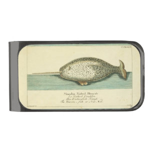 Narwhal Antique Whale Watercolor Scientific Art Gunmetal Finish Money Clip