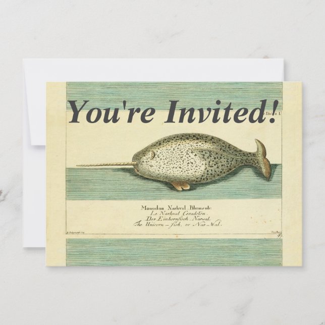 Narwhal Antique Whale Watercolor Scientific Art Invitation (Front)
