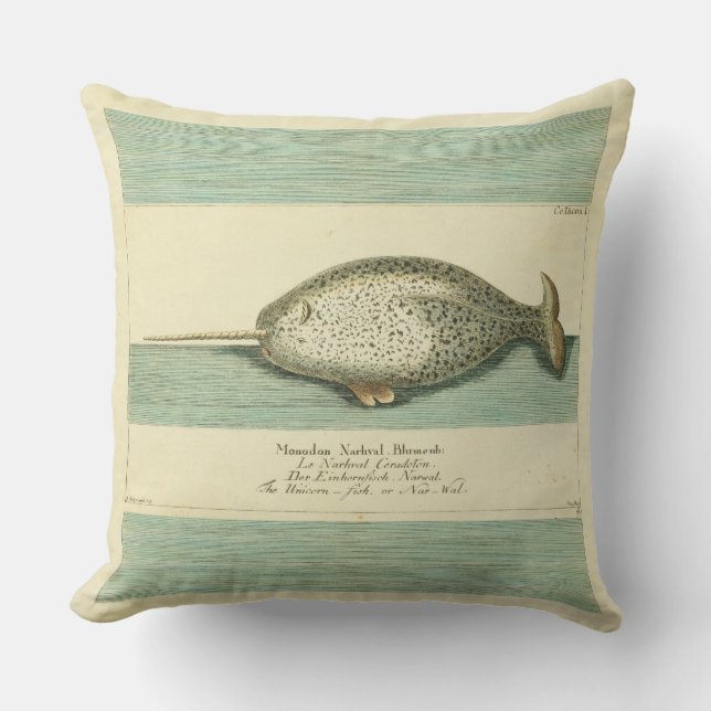 Narwhal Antique Whale Watercolor Scientific Art Outdoor Pillow (Front)